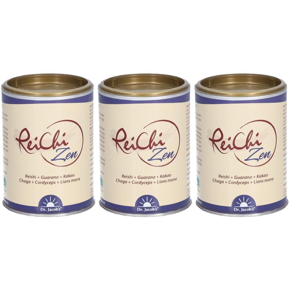 Drei Dosen mit dem Aufdruck "ReiChi Zen". Aufschrift: Reishi, Guarana, Kakao, Chaga, Cordyceps, Lions mane. Marke: Dr. Jacob's.