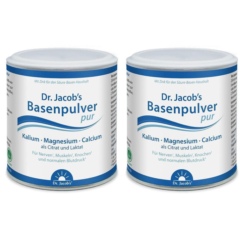 Zwei Dosen Dr. Jacob's Basenpulver pur. Blaue und weiße Etiketten mit Produktinformationen. Grün-Siegel.