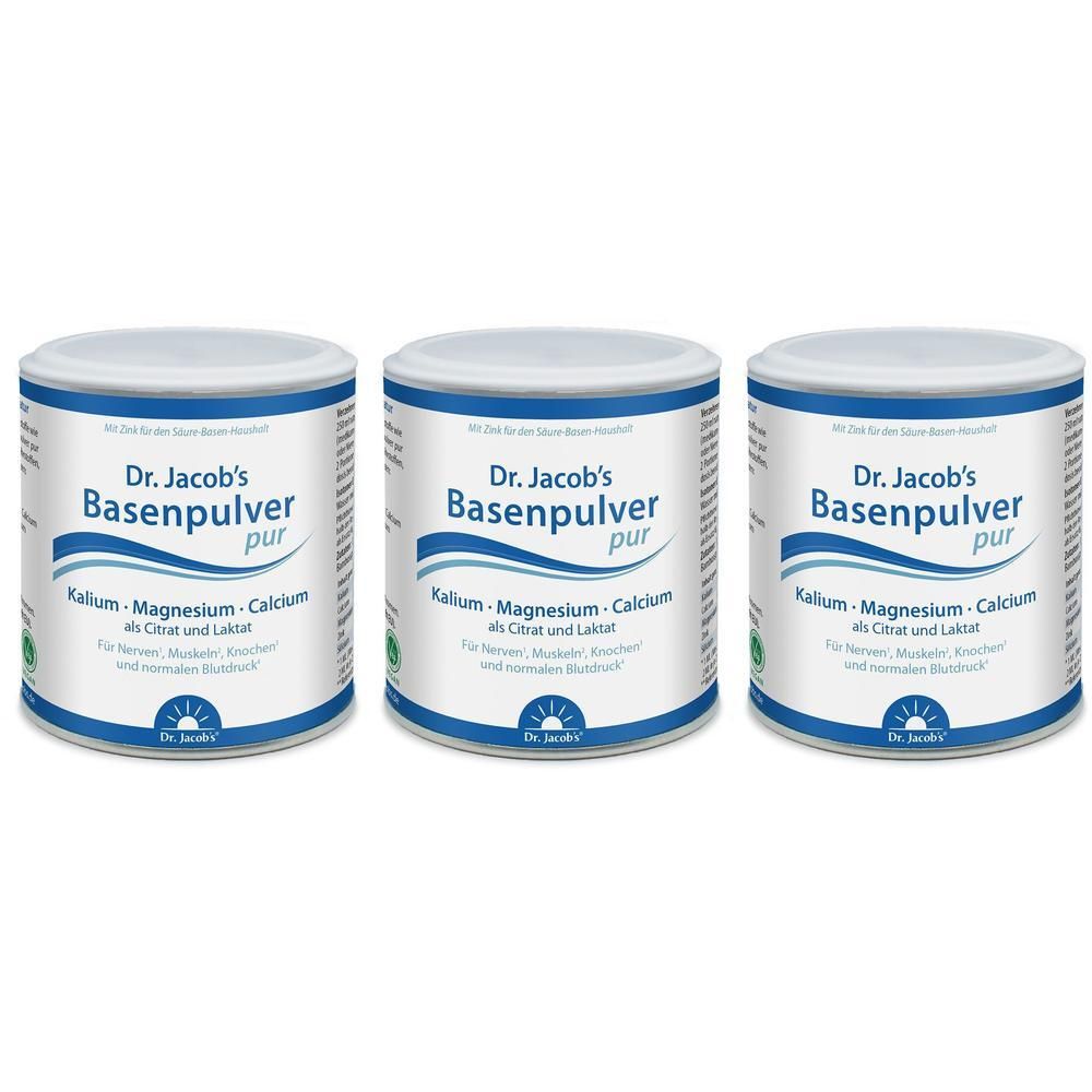 Drei Dosen Dr. Jacob's Basenpulver pur. Weiße Dosen mit blauem Deckel und Produktinformationen. Grün-weißes Etikett mit Logo.