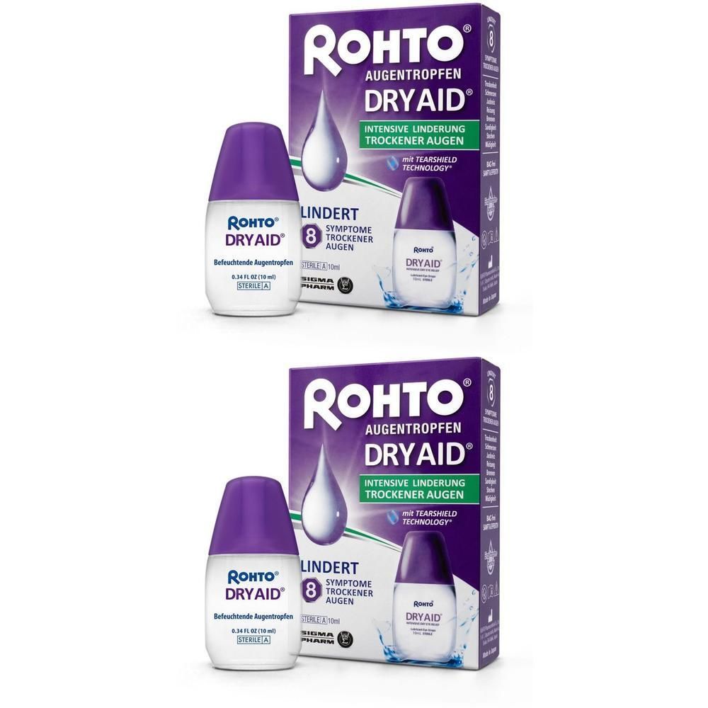 Zwei Flaschen und zwei Kartons von Rohto Dry Aid Augentropfen. Die Flaschen haben einen lila Deckel. Auf den Kartons steht Dry Aid.