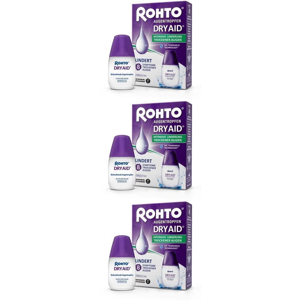Drei Packungen Rohto Dry Aid Augentropfen. Jede Packung enthält eine Flasche und eine Schachtel. Die Flaschen haben lila Kappen.