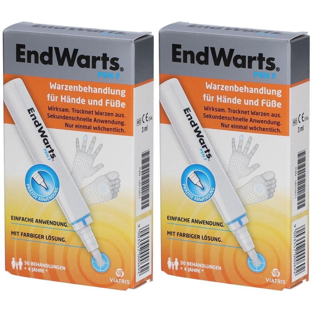 Zwei Schachteln mit Produktnamen und Produktbeschreibung. Aufdruck: Warzenbehandlung für Hände und Füße. Enthält einen Stift.