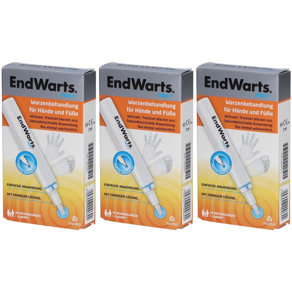 Drei Schachteln EndWarts. Auf jeder Schachtel ist ein Stift abgebildet. Text: Warzenbehandlung für Hände und Füße. Einfache Anwendung.