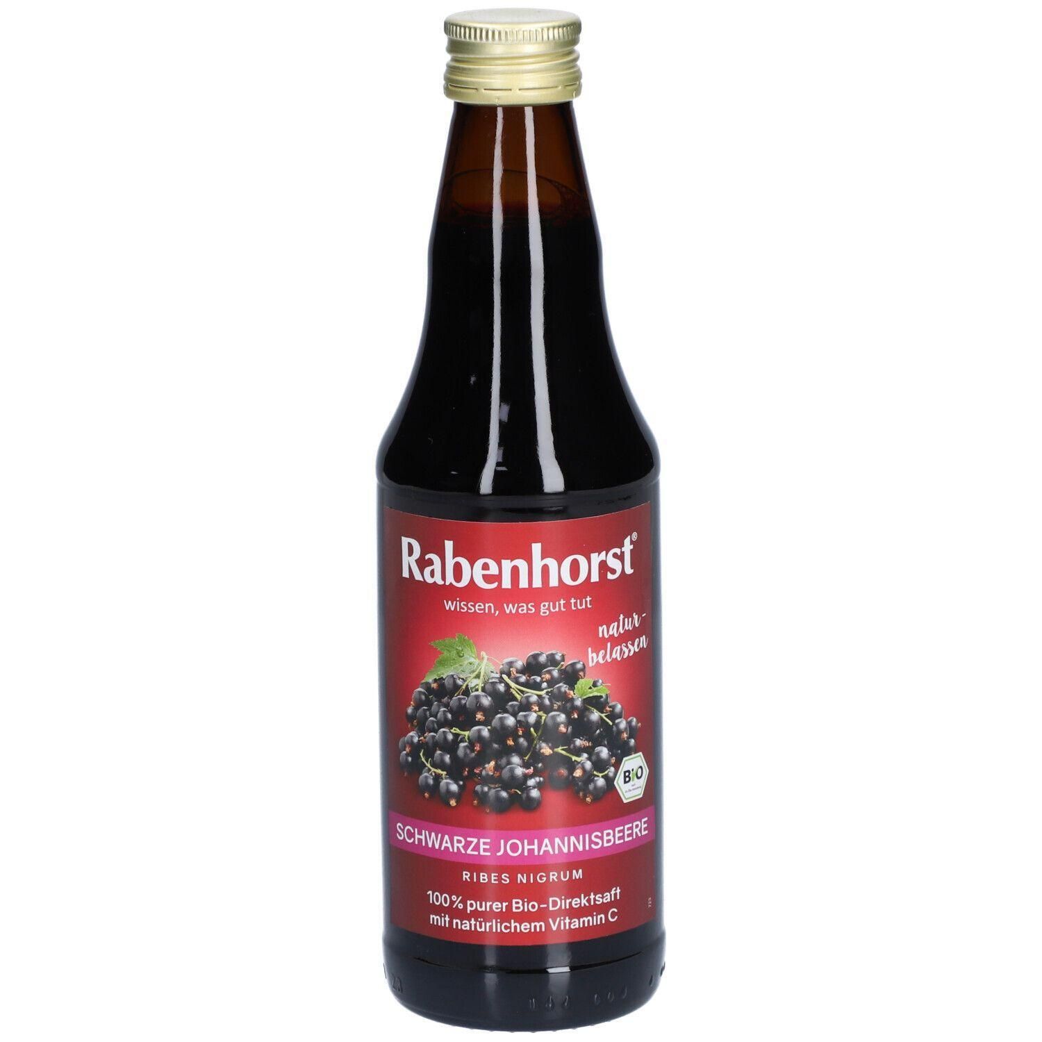 Braune Glasflasche mit goldfarbenem Verschluss. Etikett mit Produktname und Bio-Siegel. Schwarze Johannisbeere abgebildet.