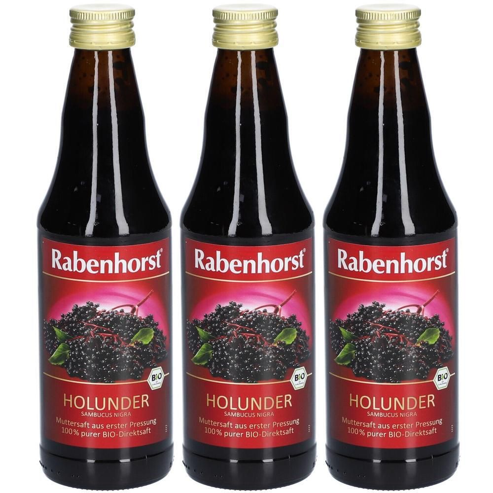 Drei Flaschen Rabenhorst Holundersaft. Braune Glasflaschen mit goldenen Verschlüssen und roten Etiketten mit Produktinformationen und Bio-Siegel.