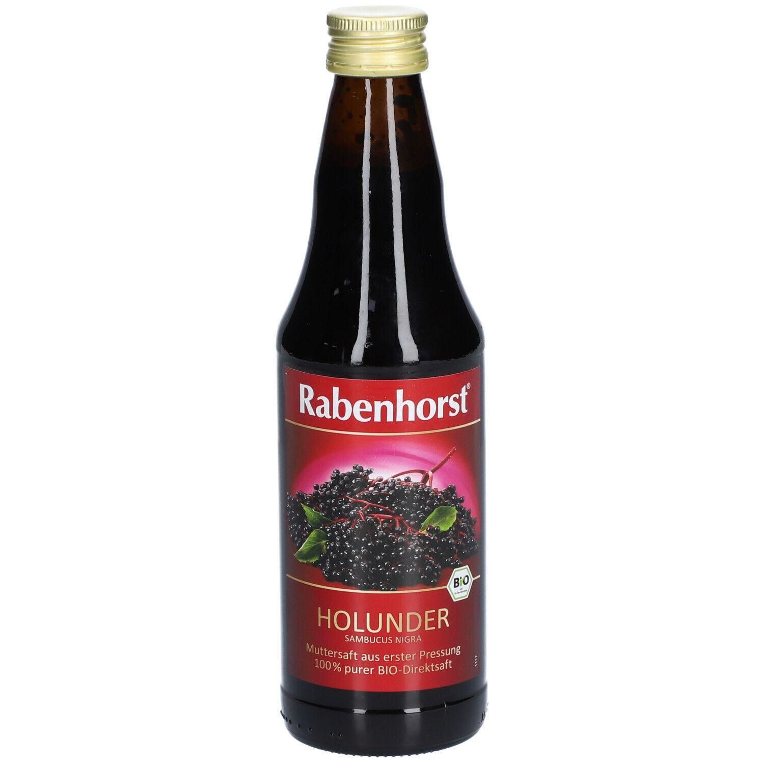 Braune Glasflasche mit goldfarbenem Deckel. Etikett mit Produktname und Abbildung von Holunderbeeren. Bio-Siegel.