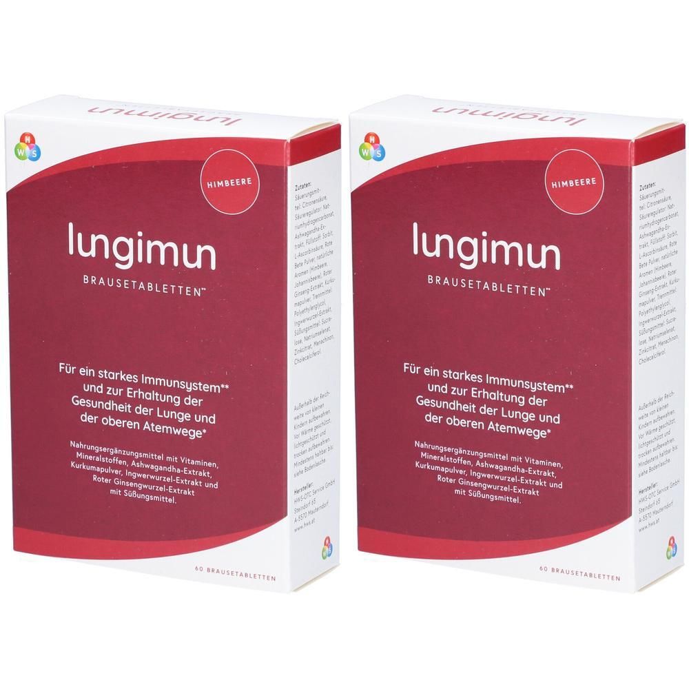 Zwei Packungen LUNGIMUN Brausetabletten. Rote und weiße Verpackung mit Produktnamen und Text. Aufschrift: Für ein starkes Immunsystem.