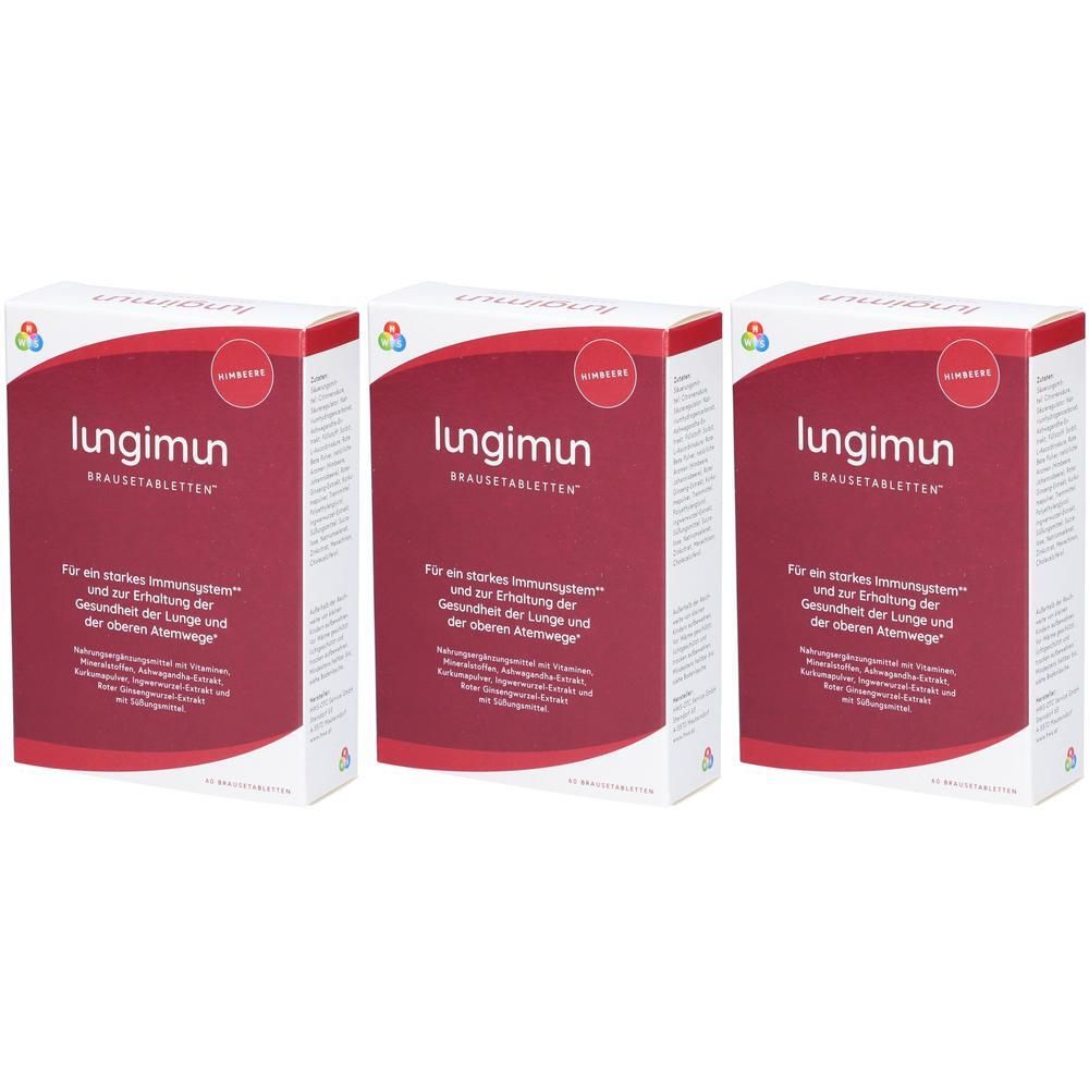 Drei Schachteln LUNGIMUN Brausetabletten. Rote und weiße Verpackung mit Produktnamen und Text. Oben links ein Logo.