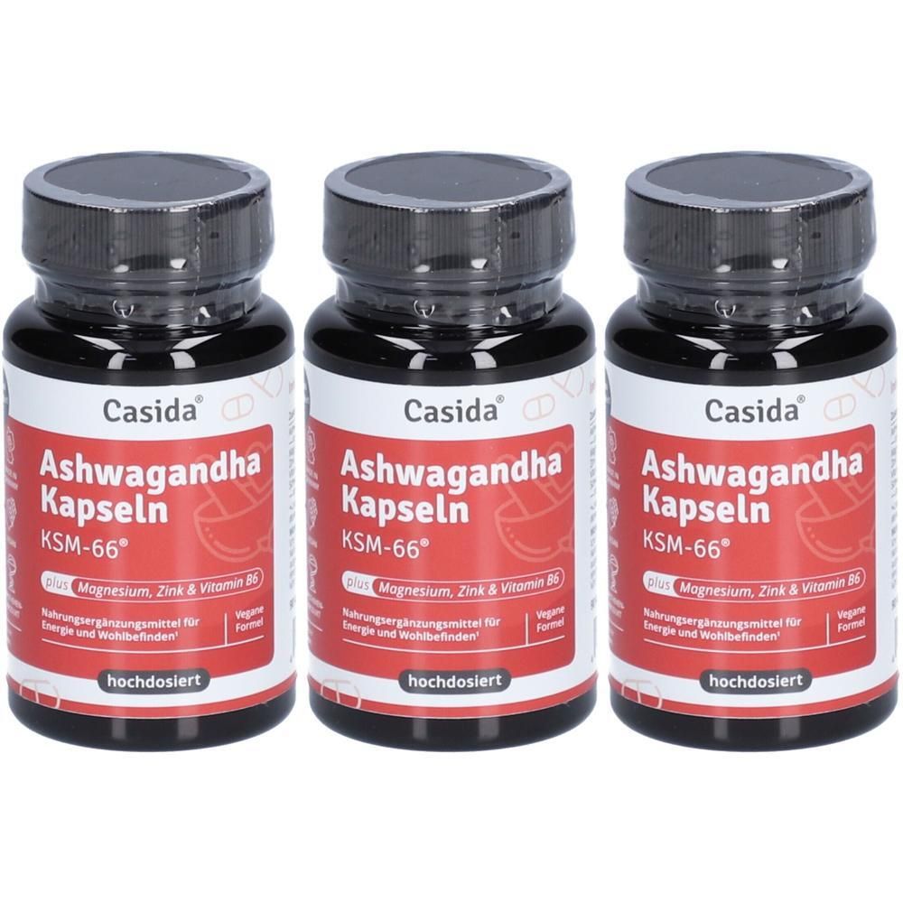 Drei Flaschen mit schwarzen Deckeln. Auf den Etiketten steht "Casida Ashwagandha Kapseln KSM-66".