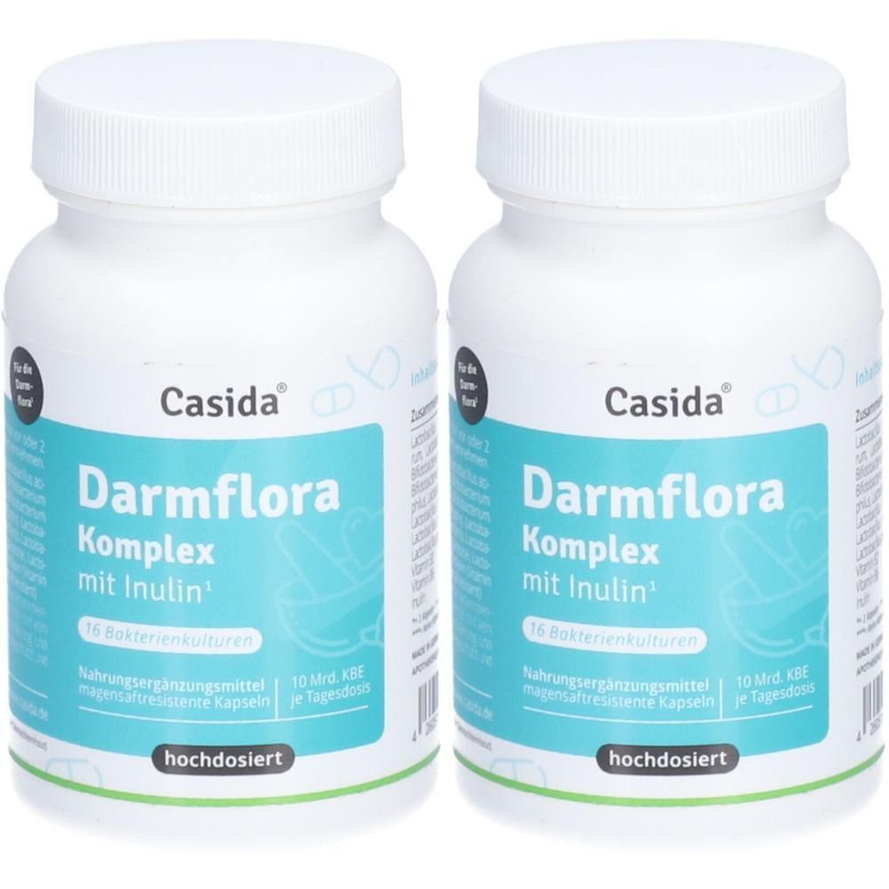 Zwei weiße Flaschen mit Schraubverschluss. Aufschrift: Casida Darmflora Komplex mit Inulin. Türkisfarbenes Etikett mit Produktinformationen.