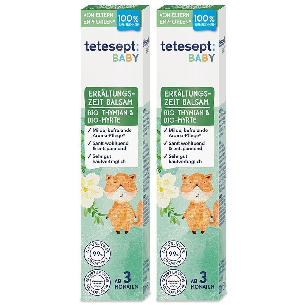 Zwei Packungen tetesept Baby Erkältungszeit Balsam. Weiße Verpackung mit Produktnamen und Illustration eines Fuchses.