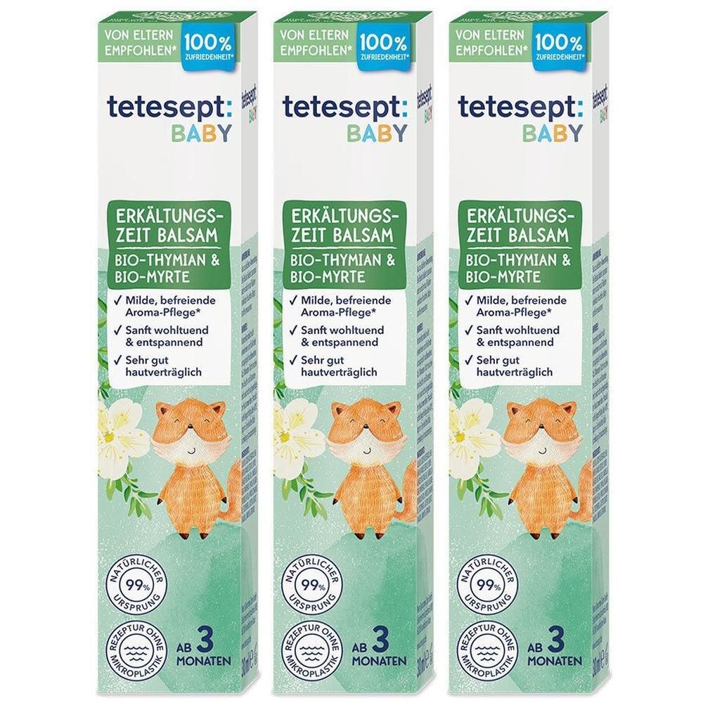 Drei Packungen tetesept® BabyErkältungszeit Balsam. Grün-weiße Verpackung mit Fuchs-Illustration. Text: BIO-THYMIAN & BIO-MYRTE.