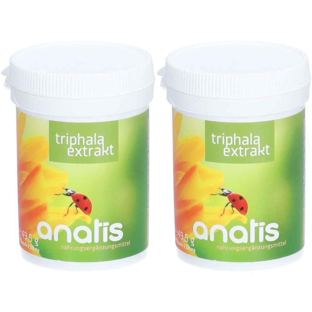 Zwei weiße Dosen mit Deckel. Aufschrift: Triphala Extrakt, analis Nahrungsergänzungsmittel. Aufkleber mit Marienkäfer und Blume.
