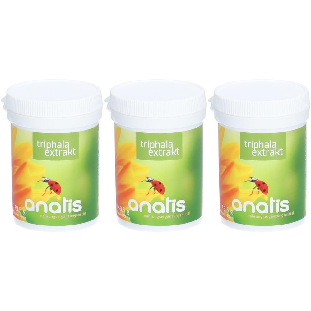 Drei weiße Dosen mit grünem Etikett. Aufschrift: Triphala Extrakt, anatis. Abbildung: Marienkäfer auf Blüte.