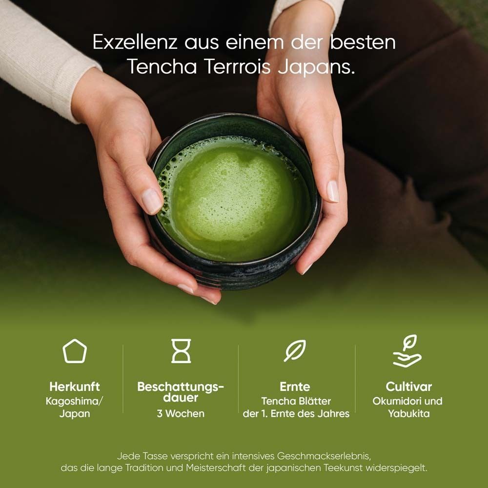 Hände halten Schale mit Matcha-Tee. Text: Exzellenz aus einem der besten Tencha Terroirs Japans. Herkunft Kagoshima/Japan.
