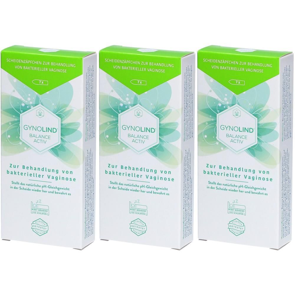 Drei Schachteln Gynolind Balance Activ. Weiße Verpackung mit grünem Logo und Text. Zur Behandlung bakterieller Vaginose.