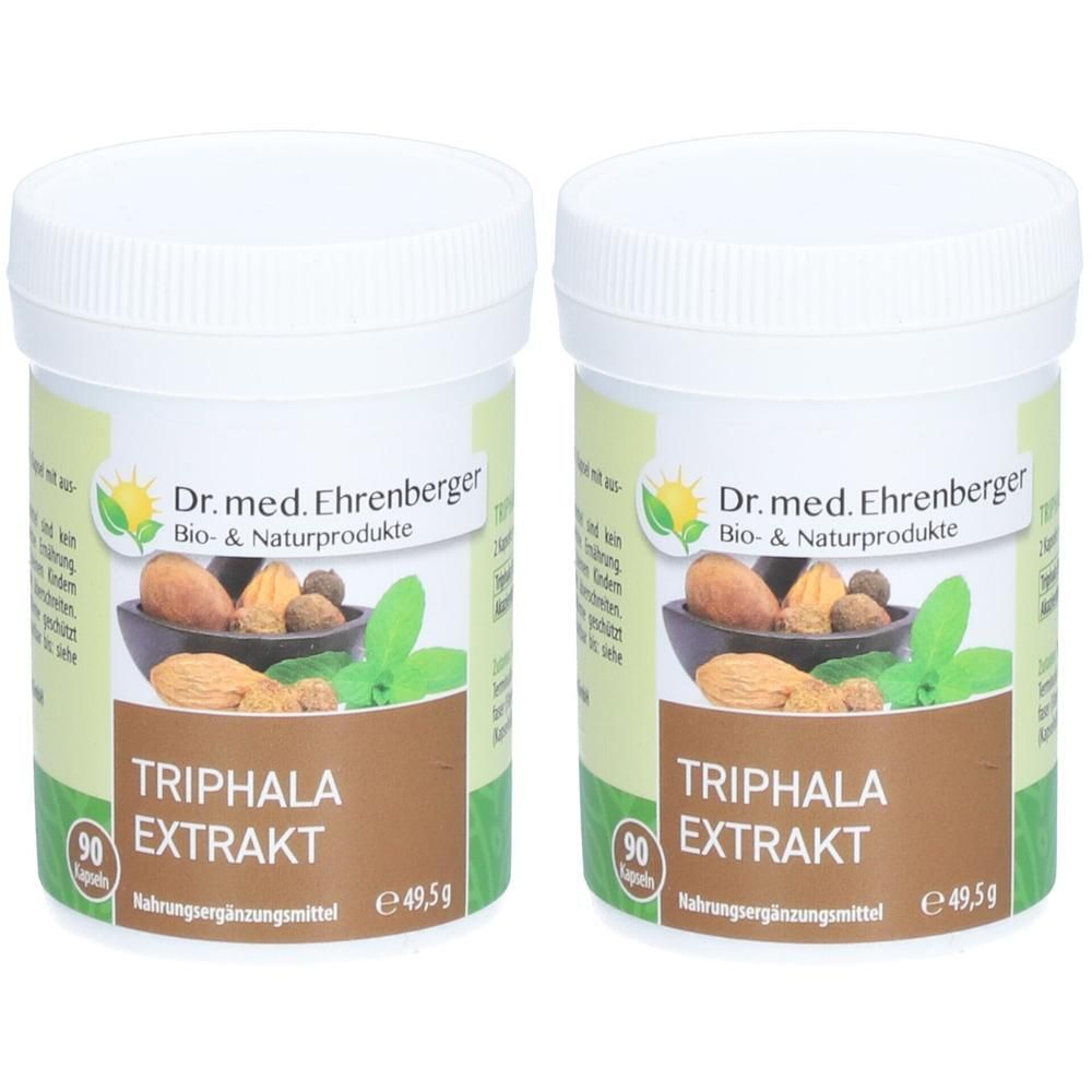 Zwei weiße Dosen mit Deckel. Aufschrift: Dr. med. Ehrenberger, TRIPHALA EXTRAKT. Braune Schrift auf braunem Grund. 90 Kapseln.