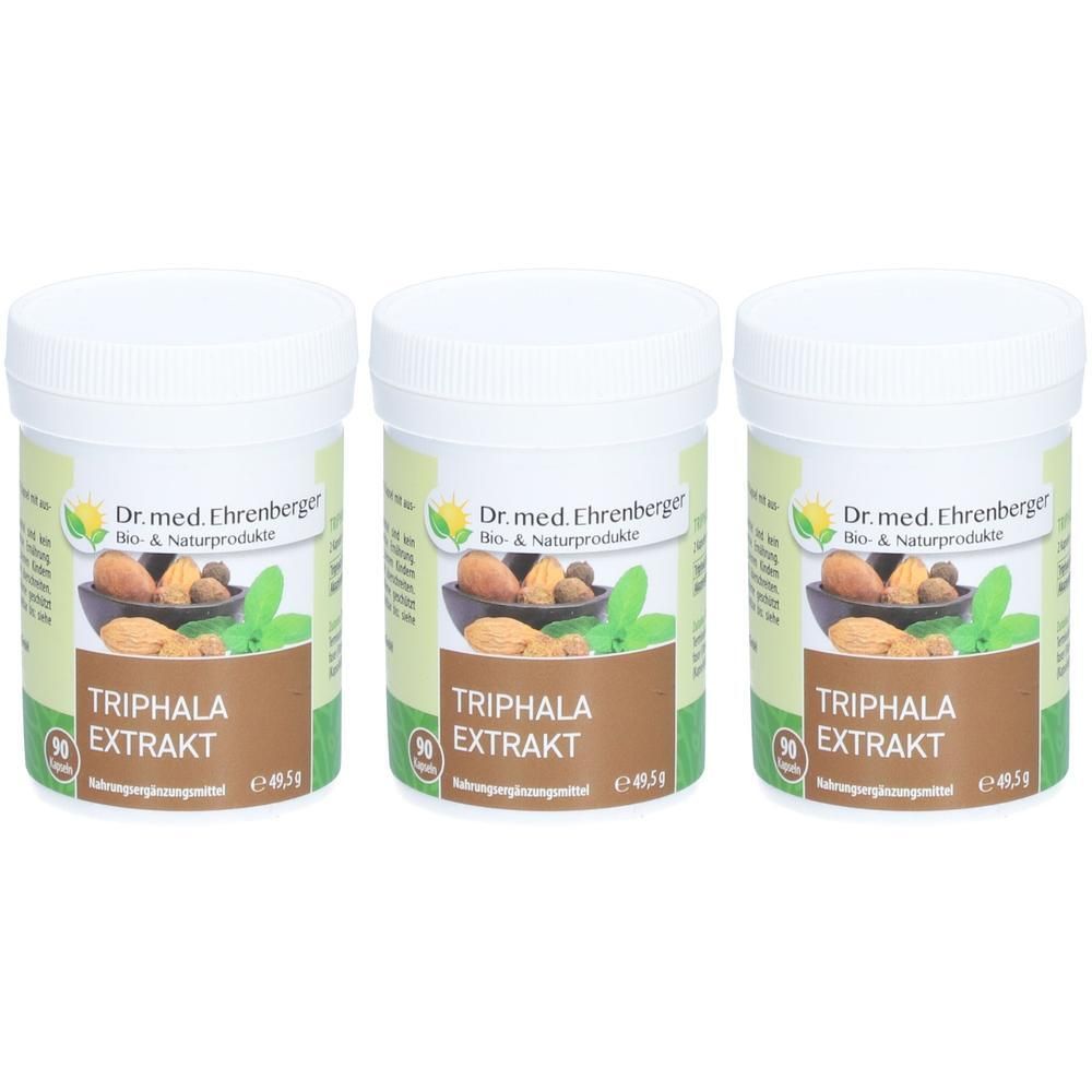 Drei weiße Dosen mit Deckel. Auf jeder Dose steht "TRIPHALA EXTRAKT" und "Dr. med. Ehrenberger".
