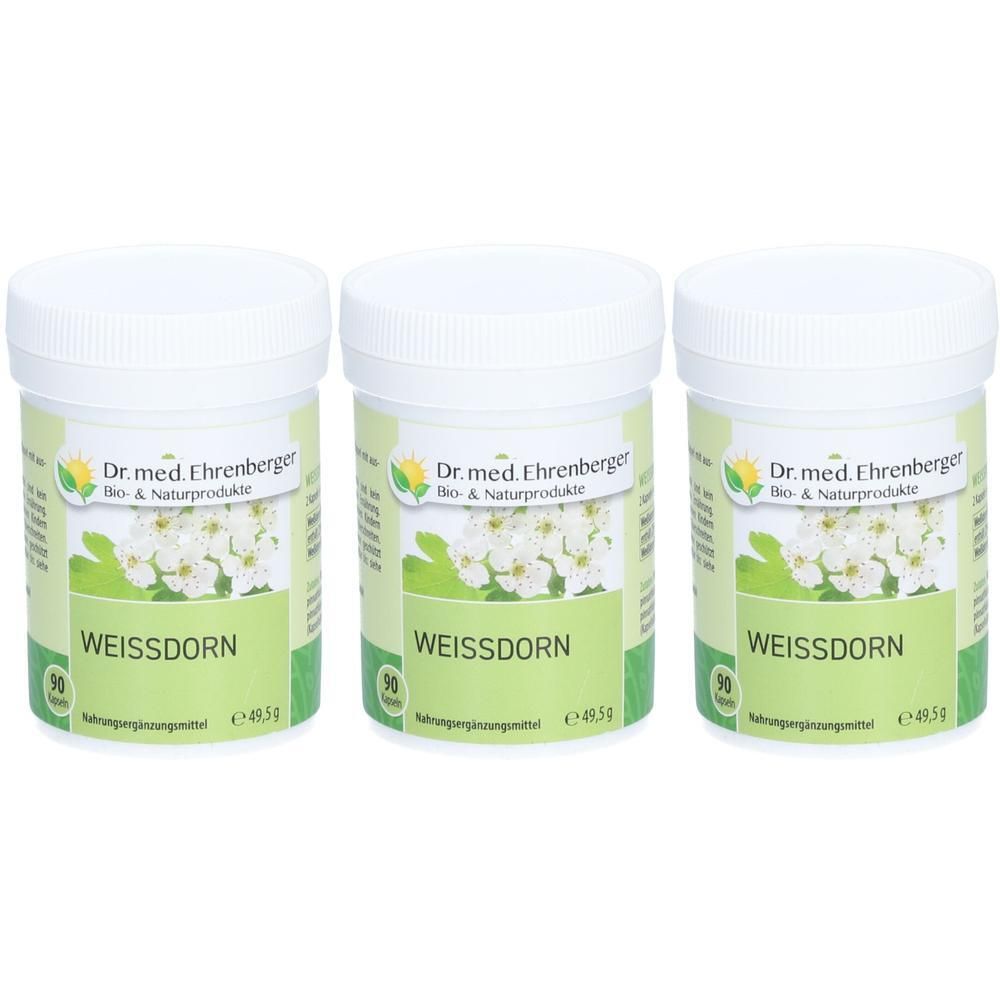 Drei weiße Dosen mit Deckel. Auf jeder Dose steht "WEISSDORN" und "Dr. med. Ehrenberger Bio & Naturprodukte".