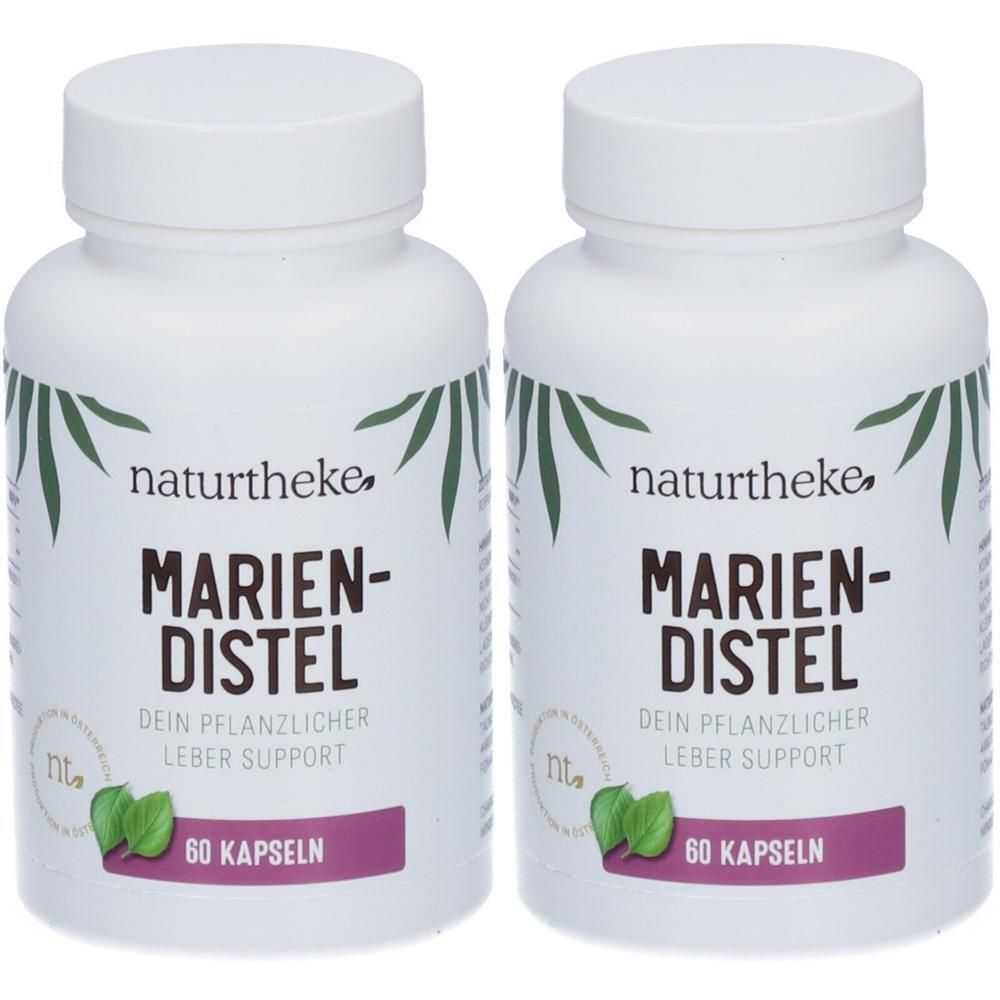 Zwei weiße Flaschen mit Etiketten. Aufschrift: MARIENDISTEL, 60 Kapseln. Marke: naturtheke. Pflanzlicher Leber Support.