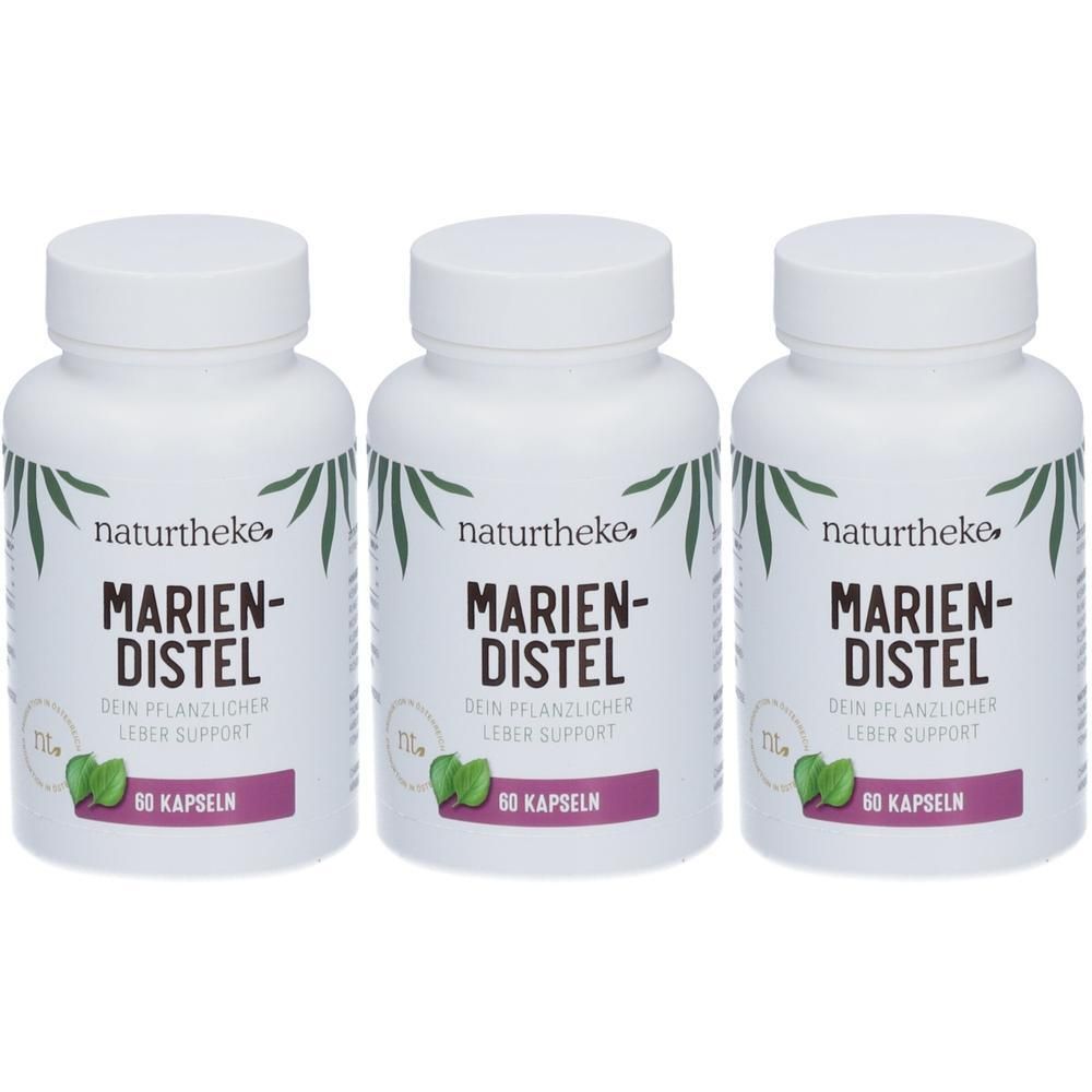 Drei weiße Flaschen mit Schraubverschluss. Auf jeder Flasche steht "MARIEN-DISTEL" und "60 Kapseln". Die Marke ist "naturtheke".