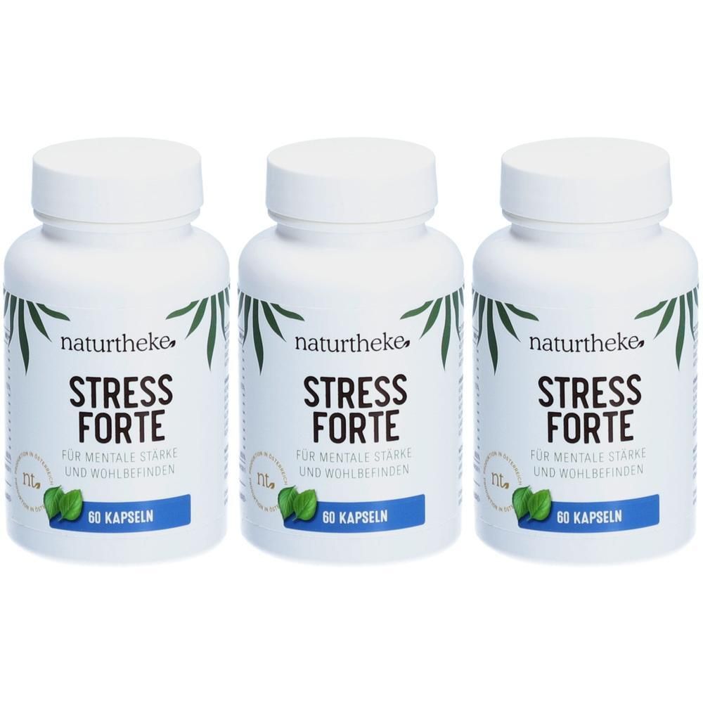 Drei weiße Pillendosen mit Deckel. Aufschrift: naturtheke STRESS FORTE. Blaue Etiketten mit Text und Logo. 60 Kapseln.