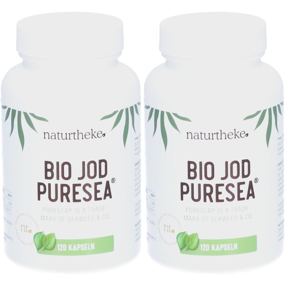 Zwei weiße Flaschen mit Kapseln. Aufschrift: naturtheke BIO JOD PURESEA, 120 Kapseln. Grün-weiße Etiketten.