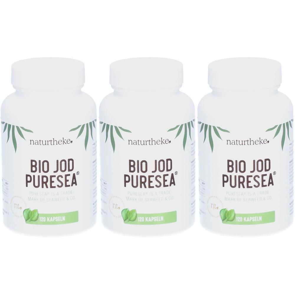 Drei weiße Flaschen mit dem Aufdruck BIO JOD PURESEA. Auf jeder Flasche steht naturtheke. Aufschrift: 120 Kapseln.
