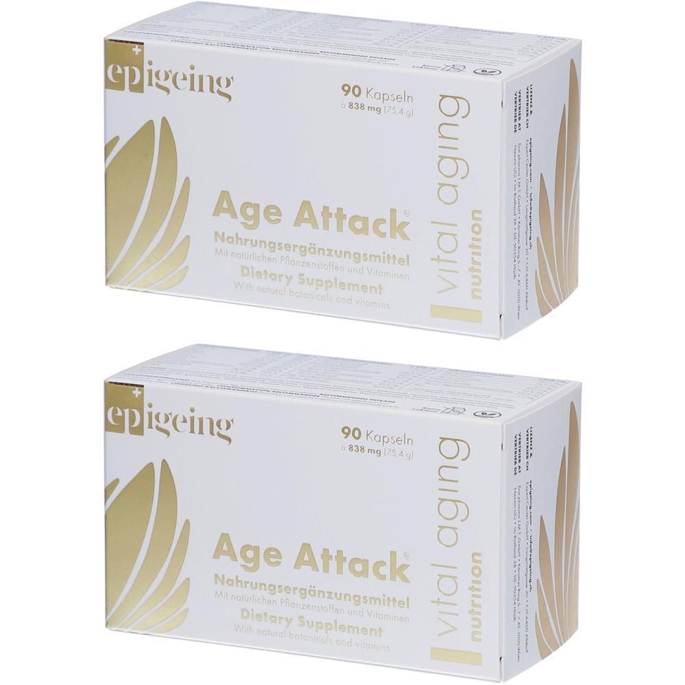Zwei weiße Kartons mit "Age Attack"-Nahrungsergänzungsmittel. Aufdrucke: "epigeing", "90 Kapseln", "vital aging nutrition".
