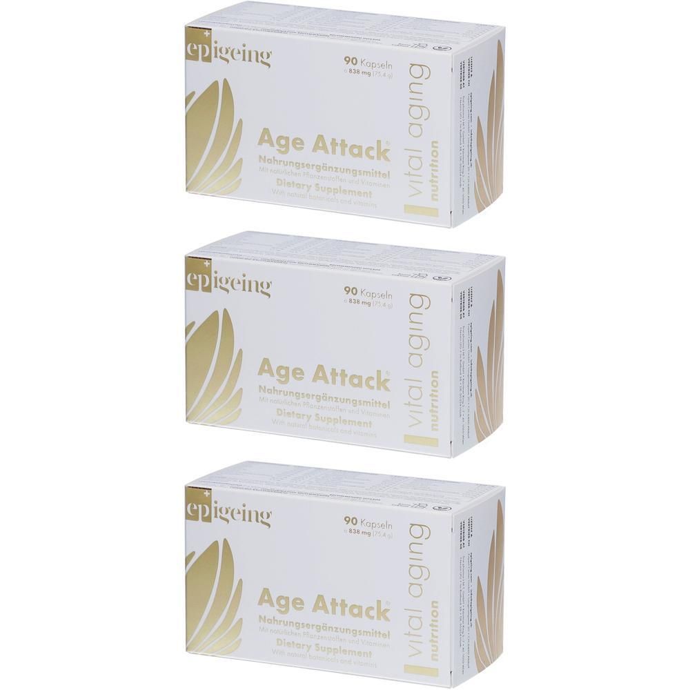 Drei weiße Schachteln mit dem Produktnamen "Age Attack". Auf jeder Schachtel steht "vital aging nutrition".