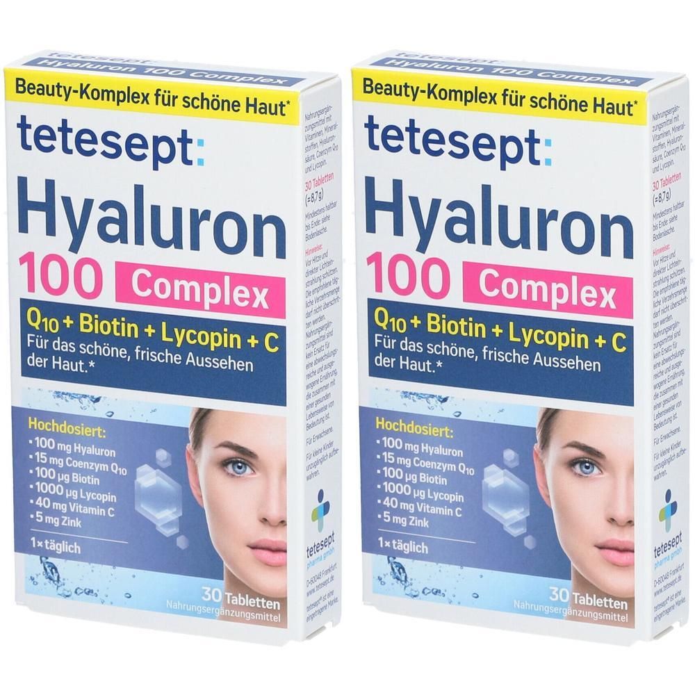 Zwei Schachteln tetesept Hyaluron 100 Complex. Aufschrift: Hyaluron 100 Complex, Q10 + Biotin + Lycopin + C. 30 Tabletten.