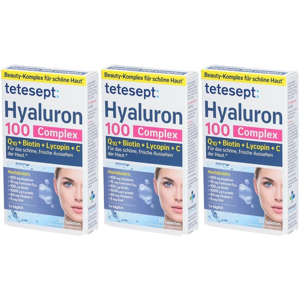 Drei Schachteln tetesept Hyaluron 100 Complex. Weiße Verpackung mit Produktnamen, Inhaltsstoffen und einem Frauenporträt.
