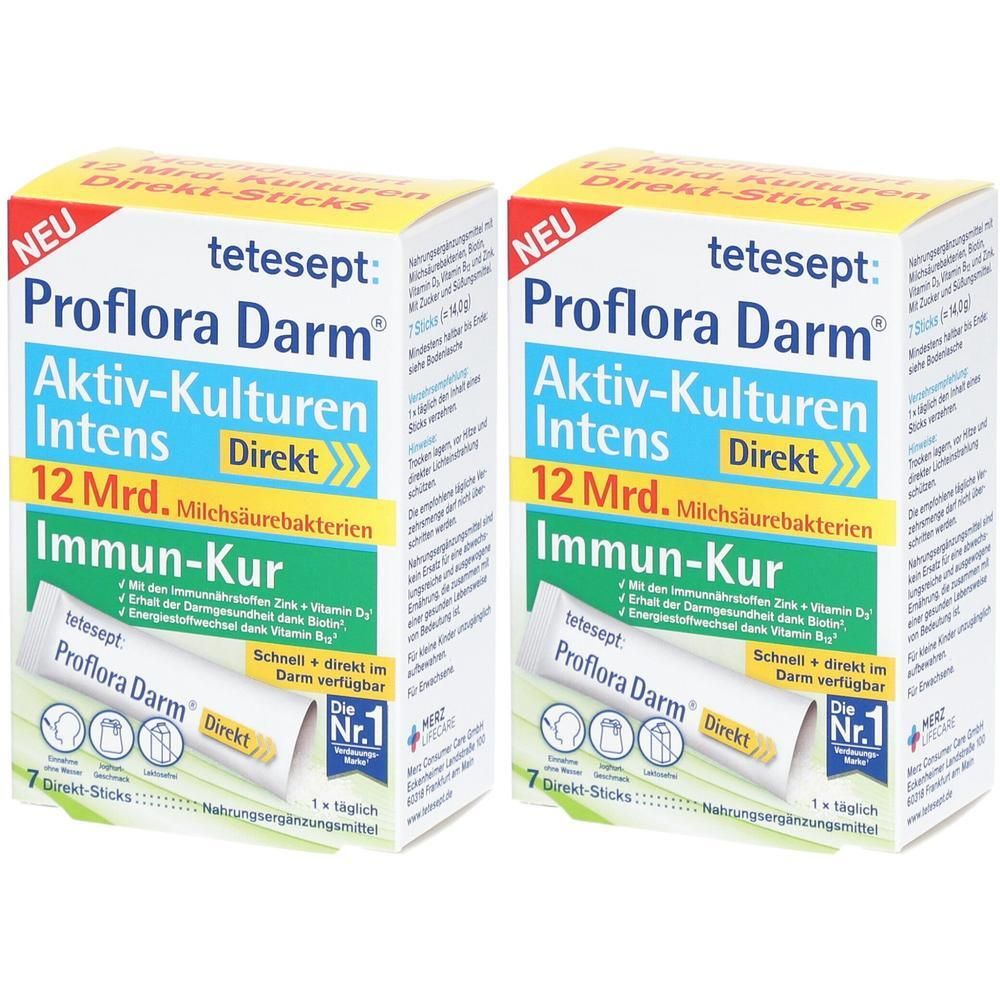 Zwei Schachteln tetesept Proflora Darm® Aktiv-Kulturen Intens Direkt Sticks. Aufdruck: 12 Mrd. Milchsäurebakterien, Immun-Kur, Direkt.