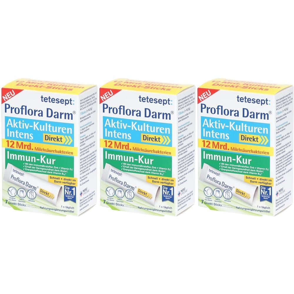 Drei Schachteln tetesept Proflora Darm® Aktiv-Kulturen Intens Direkt Sticks. Aufdruck: „NEU“, „12 Mrd. Milchsäurebakterien“, „Immun-Kur“ und „Nr. 1“.
