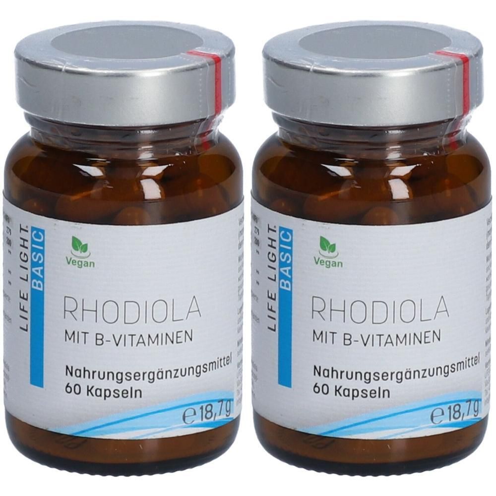 Zwei Flaschen Rhodiola mit B-Vitaminen, Nahrungsergänzungsmittel, 60 Kapseln.