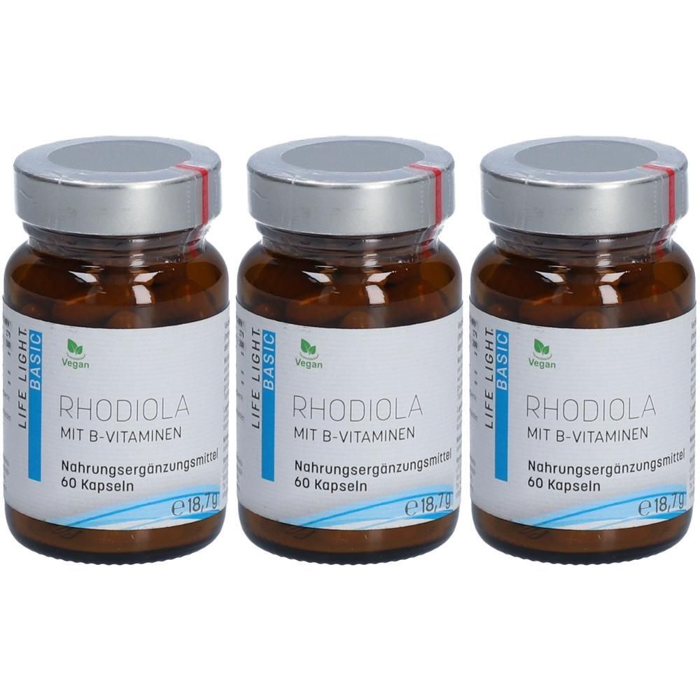 Drei Flaschen Rhodiola mit B-Vitaminen, 60 Kapseln pro Flasche.