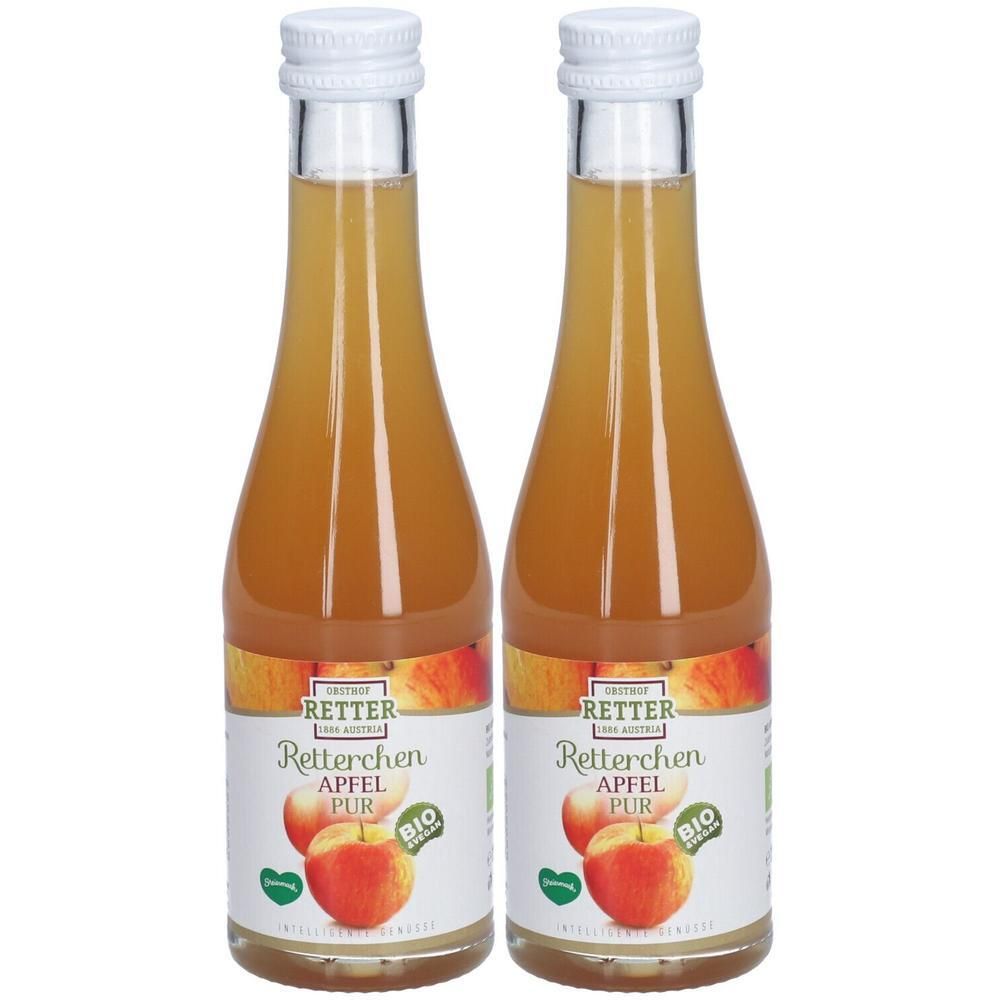 Zwei Glasflaschen mit Apfelsaft. Etiketten zeigen Äpfel und Text: RETTER, Retterchen Apfel Pur, Bio-Siegel.