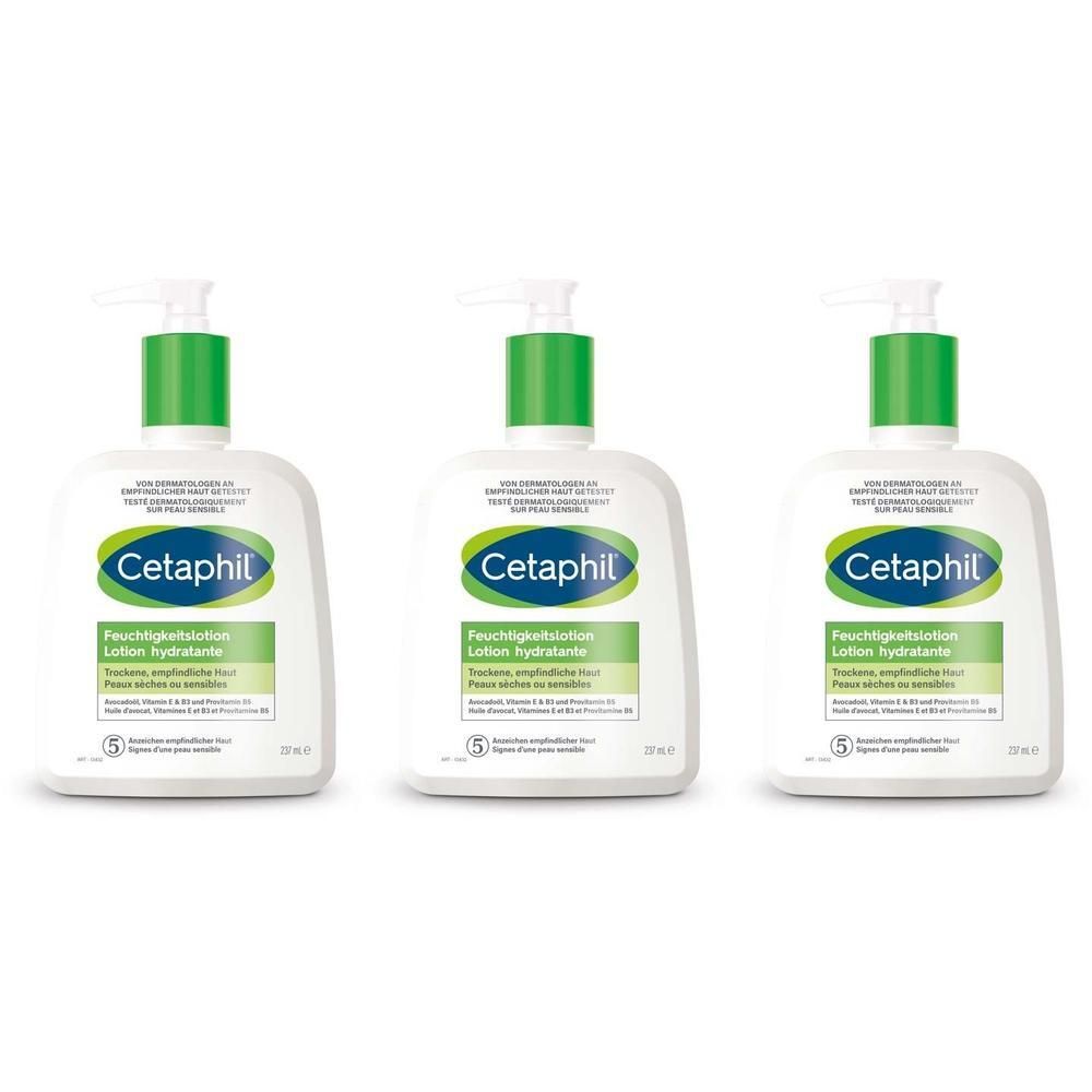 Drei weiße Flaschen mit grünen Pumpaufsätzen. Auf jeder Flasche steht Cetaphil und der Produktname.