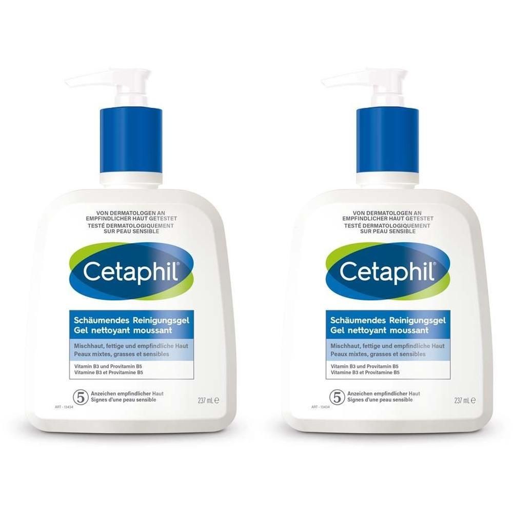 Zwei weiße Flaschen mit blauen Pumpköpfen. Auf jeder Flasche steht Cetaphil. Text: Schäumendes Reinigungsgel, Gel nettoyant moussant.