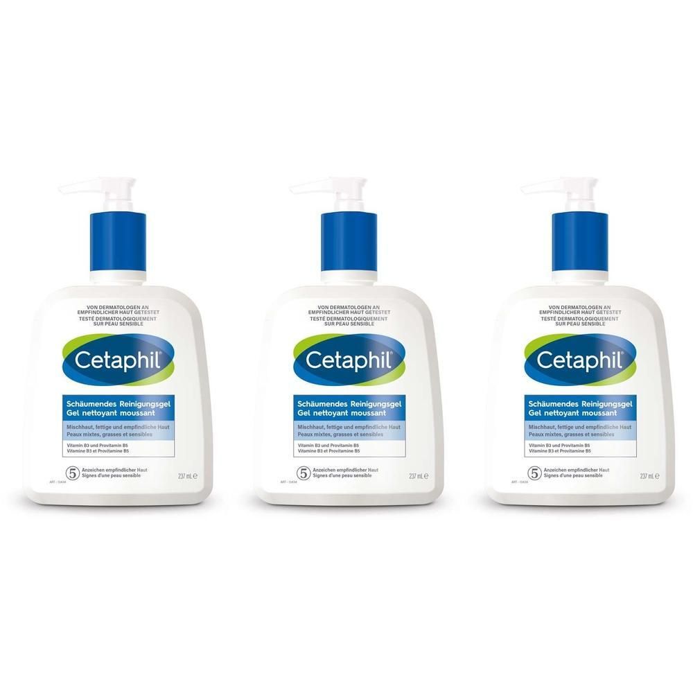Drei weiße Flaschen mit blauem Pumpkopf. Auf jeder Flasche steht Cetaphil. Darunter Text in Deutsch und Französisch.