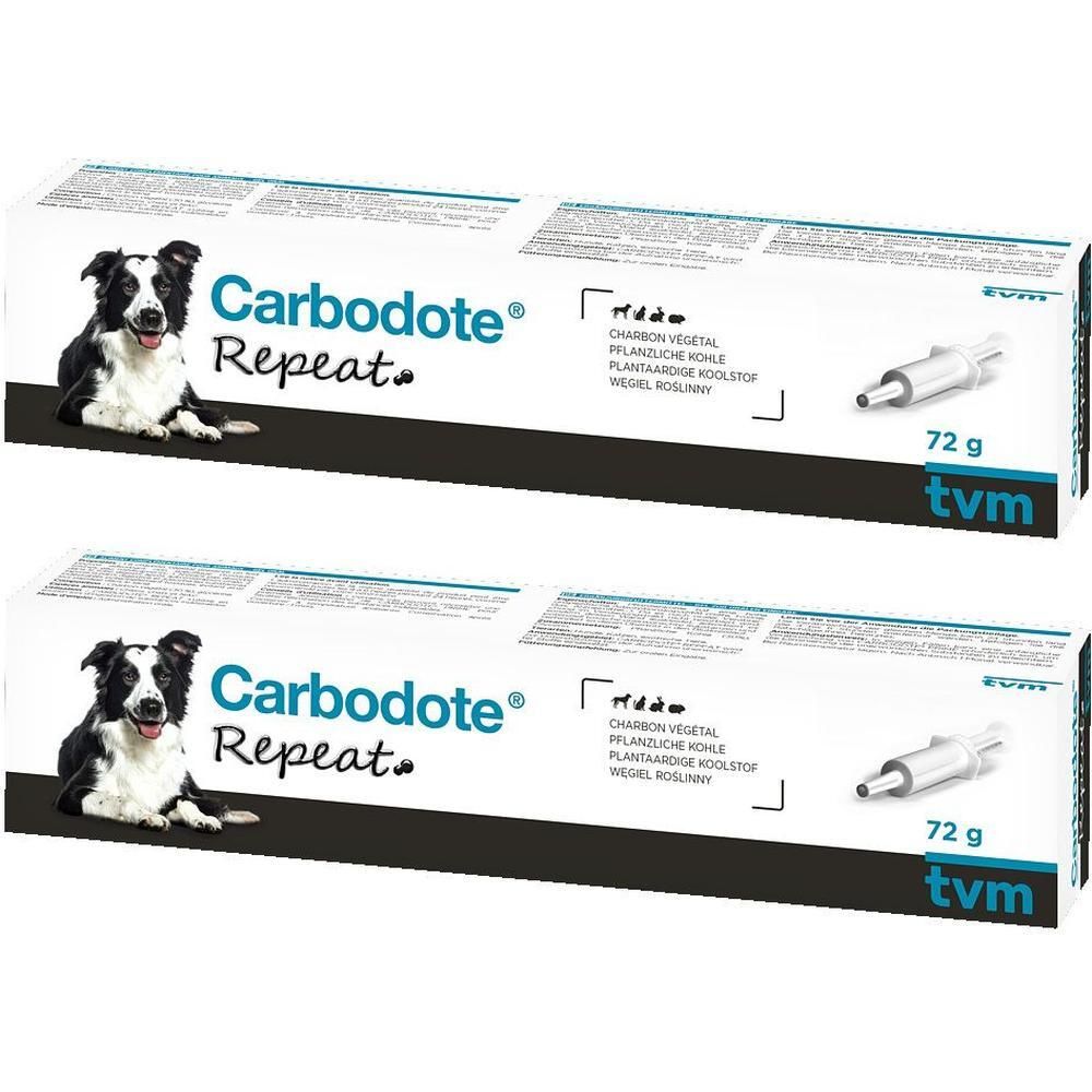 Zwei Schachteln Carbodote® Repeat. Auf jeder Schachtel ist ein Hund abgebildet. Aufschrift: 72 g, tvm.
