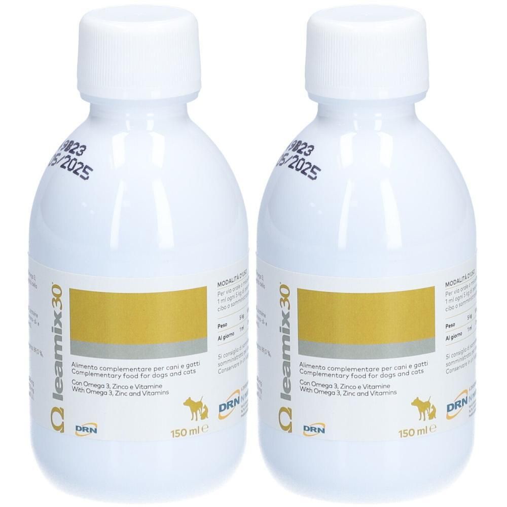 Zwei weiße Flaschen mit Schraubverschluss. Aufschrift: Q leamix30, 150 ml, DRN. Etikett mit gelbem Feld. Mindesthaltbarkeitsdatum 06/2025.
