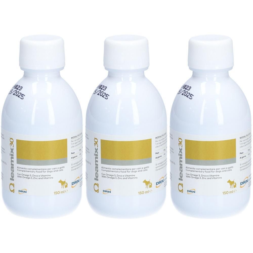 Drei weiße Flaschen mit Schraubverschluss. Etikett mit Produktnamen Leamix 30 und Inhaltsangaben. MHD 05/2025.