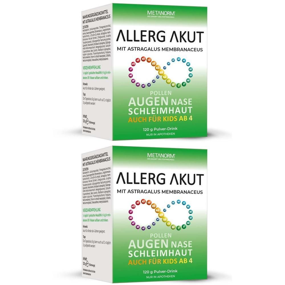 Zwei grüne Kartons mit der Aufschrift "ALLERG AKUT" und "METANORM". Text: Augen, Nase, Schleimhaut. Für Kinder ab 4. 120 g Pulver-Drink.