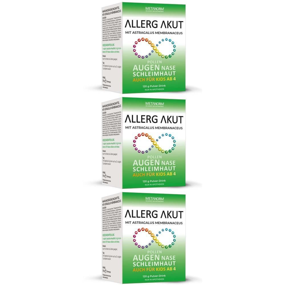 Drei grüne Schachteln. Aufschrift: ALLERG AKUT, Augen, Nase, Schleimhaut. Mit Astragalus membranaceus. Auch für Kids ab 4.