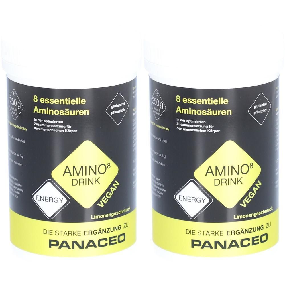 Zwei weiße Dosen mit schwarzem Etikett. Aufschrift: AMINO8 DRINK, ENERGY, VEGAN, PANACEO. 8 essentielle Aminosäuren.