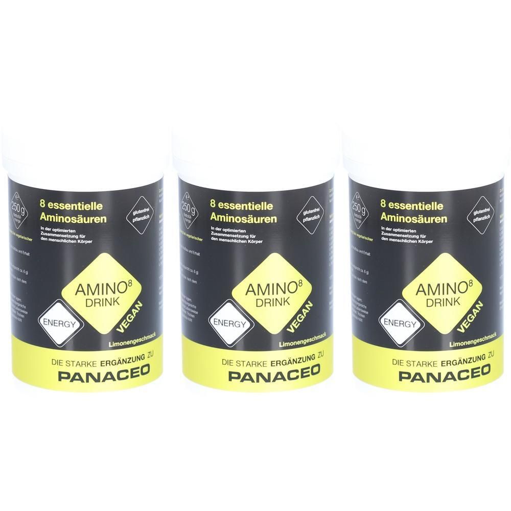 Drei zylindrische Behälter mit gelb-schwarzer Beschriftung. Aufschrift: AMINO DRINK, 8 essentielle Aminosäuren, VEGAN, PANACEO.