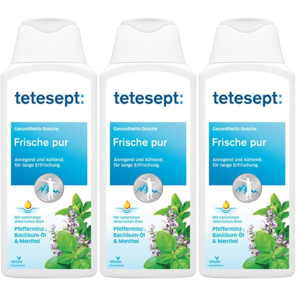 Drei weiße Flaschen mit blauer Beschriftung. Aufschrift: tetesept, Frische pur. Enthält Pfefferminz-, Basilikum-Öl & Menthol. Vegan.