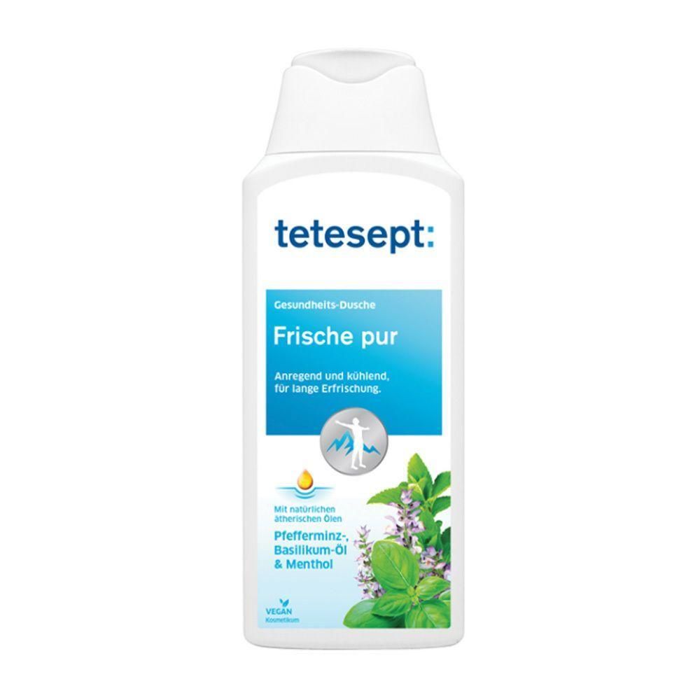 Weiße Flasche mit blauem Etikett. Aufschrift: tetesept, Frische pur. Enthält Pfefferminz, Basilikum-Öl & Menthol. Vegan.