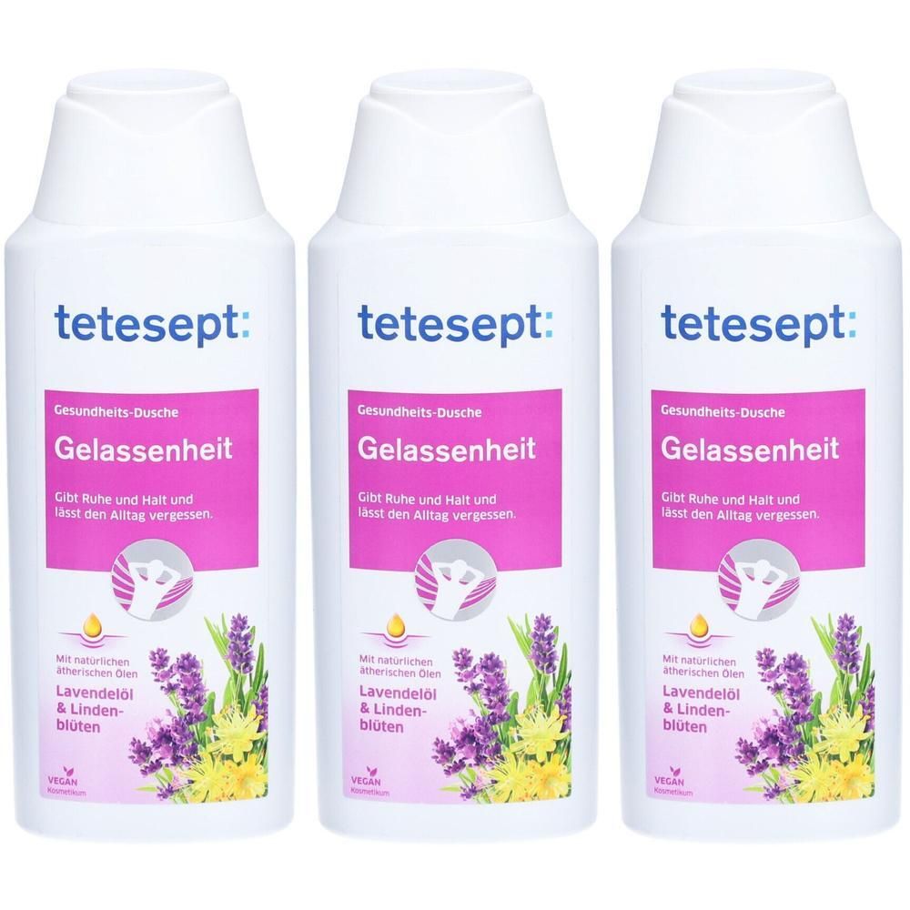 Drei weiße Flaschen tetesept® Gesundheits-Dusche Gelassenheit. Aufschrift: Lavendelöl & Lindenblüten. Vegan.